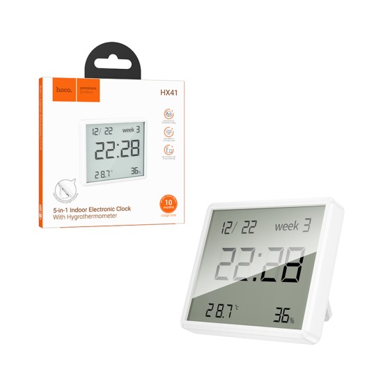 Relógio Eletrónico de Interior Hoco HX41 5 em 1 com Visor de Higrotermómetro Branco